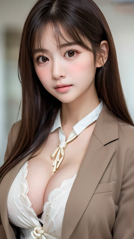 (highest quality, masterpiece, high resolution, realistic), (lovely, sweet, cute, Japanese girl), (((baby face, pure, innocent, neat))), (moisturized lips), ((front view, (tied behind back))), ((big breasts, cleavage)), grateful, (fair skin, pale), immatur...