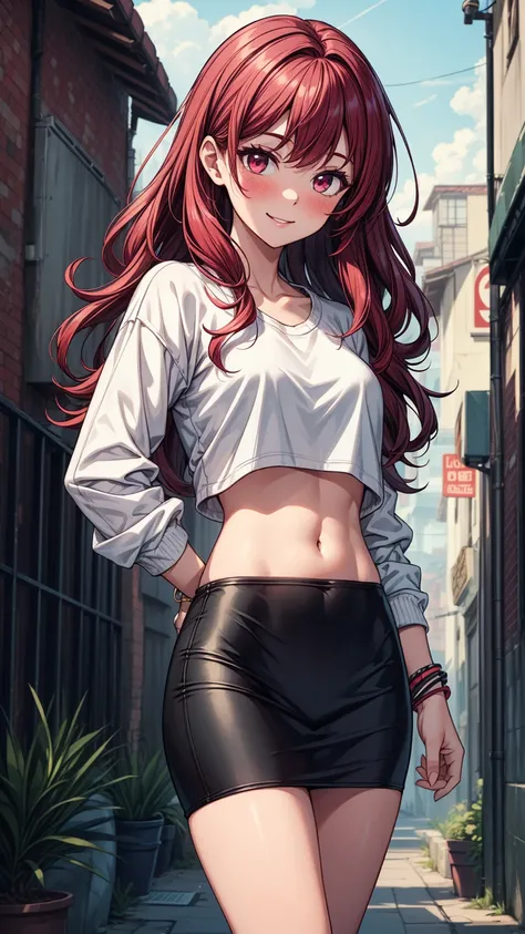 ((masterpiece, best quality:1.3, high detail)), beautiful woman, smile, looking at viewer, long wavy hair, (maroon hair), full-face blush, (white sweatshirt crop top), (long black pencil skirt), midriff, navel, bracelets, collarbone, outdoors, (cloudy sky)...