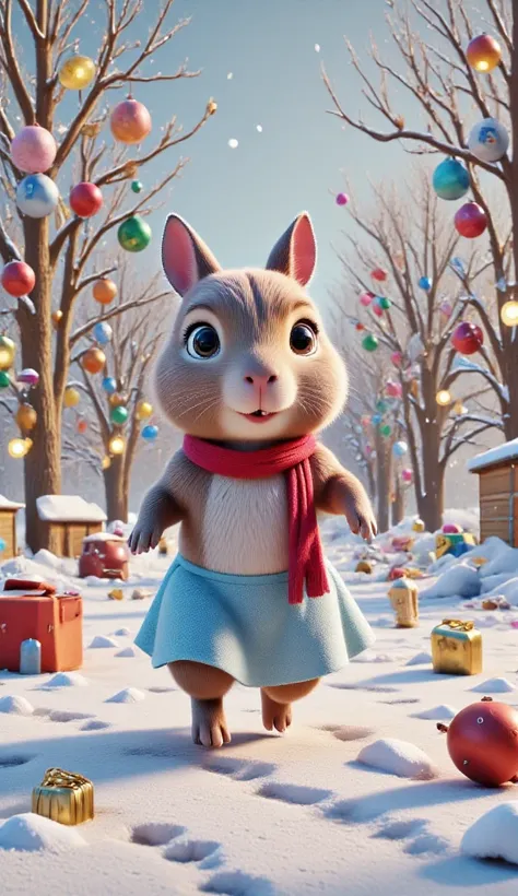 New year-round atmosphere,  species of  girl rabbit . rabbit have a blue dress  and a red scarf . White snow, juniper trees are decorated with toys, lights are burning 