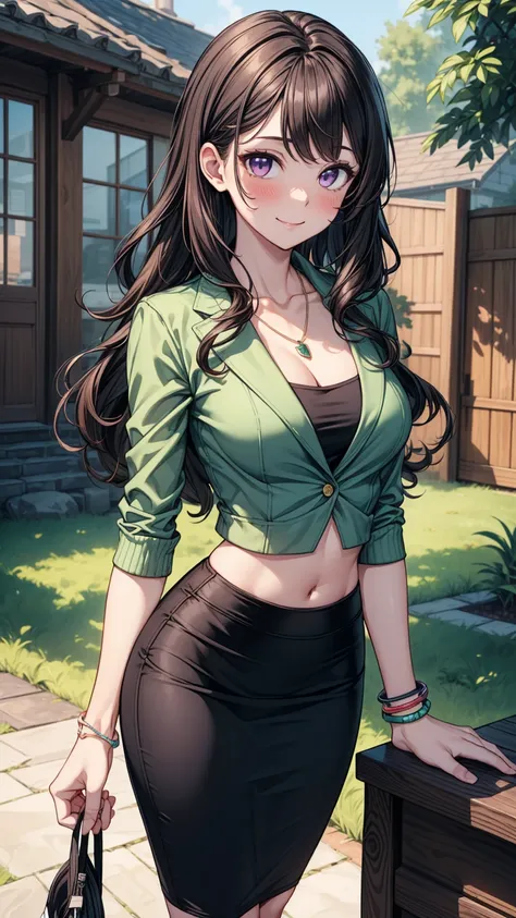 ((masterpiece, best quality:1.3, high detail)), beautiful woman, smile, long wavy hair, (dark hair), hairpin, bright purple eyes, light blush, (green blazer), (long black pencil ((skirt)), midriff, navel, necklace, bracelets, collarbone, sneakers, (lower b...