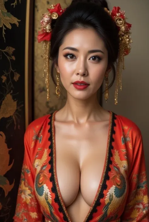 A seductive courtesan in a vibrant kimono with phoenix patterns, showing deep cleavage. Her makeup features golden eyeshadow and red lipstick, paired with an elaborate Japanese hairstyle adorned with golden hairpins and red ribbons. She gazes confidently, ...