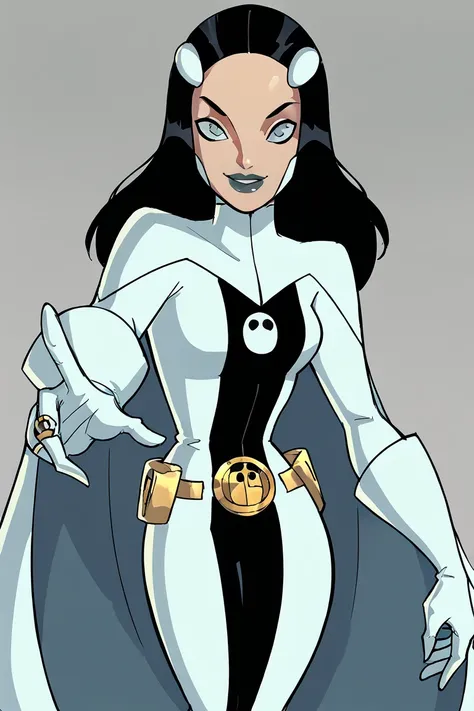 Solo, long hair, black hair, grey eyes, white hair ornaments, grey lipstick, legion ring, white gloves, gold belt, long cape, white cape, smile, 