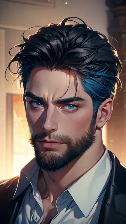 (     best quality,4K,8k,     highres,     masterpiece :1.2),     ultra-detailed     ,(realistic,photorealistic,photo-realistic:1.37),36-year-old man,3 day beard,Beautiful anime,Portraits,strong,Masculine,      with black hair  ,sharp jaw,        mesmerizi...