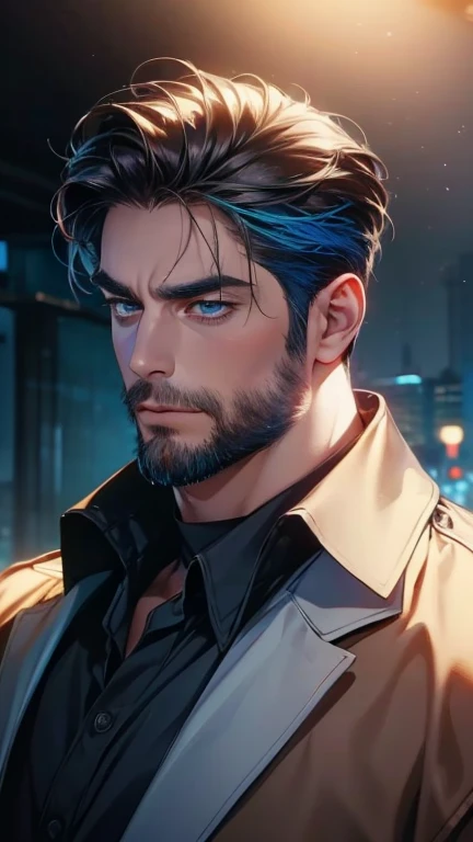 (     best quality,4K,8k,     highres,     masterpiece :1.2),     ultra-detailed     ,(realistic,photorealistic,photo-realistic:1.37),36-year-old man,3 day beard,Beautiful anime,Portraits,strong,Masculine,      with black hair  ,sharp jaw,        mesmerizi...