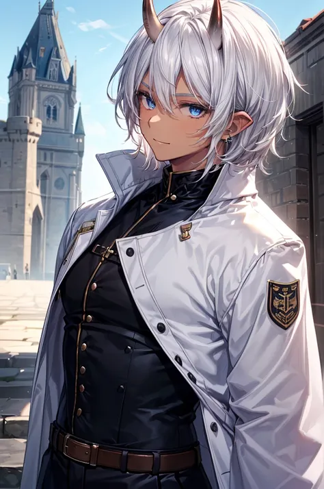 Masterpiece, ((1 male, Long Ears, Tan Skins, Brown Skins, Dark Skins)), ((Best Quality)), (Ultra-detailed), Highly detailed, (((Close Up))), ((Upper Body Angle)), Perfect Lighting, Perfect background, ((Handsome Male, Spiky Hair, White Hair, Blue Eyes, Oni...