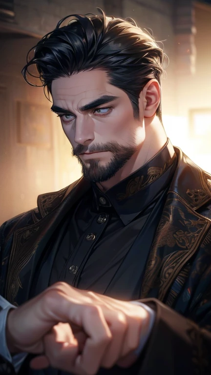 (     best quality,4K,8k,     highres,     masterpiece :1.2),     ultra-detailed     ,(realistic,photorealistic,photo-realistic:1.37),36-year-old man,3 day beard,Beautiful anime,Portraits,strong,Masculine,      with black hair  ,sharp jaw,        mesmerizi...