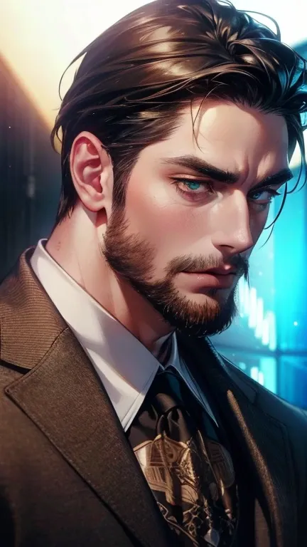 (     best quality,4K,8k,     highres,     masterpiece :1.2),     ultra-detailed     ,(realistic,photorealistic,photo-realistic:1.37),36-year-old man,3 day beard,Beautiful anime,Portraits,strong,Masculine,      with black hair  ,sharp jaw,        mesmerizi...