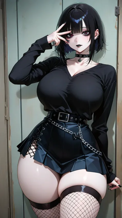 1 girl , solo emo girl, goth, short black hair , bangs cover eyes, black long sleeve shirt, v neck, pale skin, choker, large breasts, huge thighs, black mini skirt, fishnet stockings, loose black belt , black lipstick 