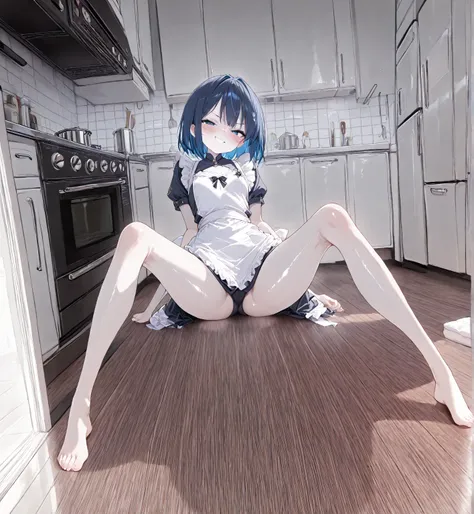 (cosplayer: blue hair, short hair, blue eyes, girl, 1girl, solo, shiny skin), (small breast, pale skin, smirk, blush, expressive face), (minimalistic kitchen, white furniture), (sit on the floor, spread legs), (Best quality,Exquisite facial features,UHD, (...