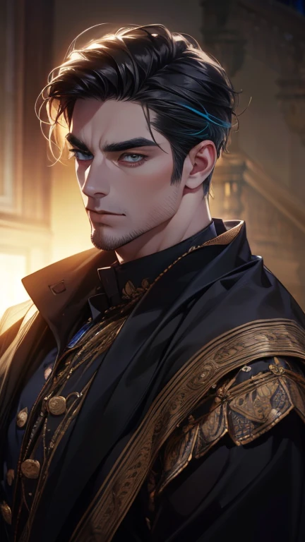 (     best quality,4K,8k,     highres,     masterpiece :1.2),     ultra-detailed     ,(realistic,photorealistic,photo-realistic:1.37),36-year-old man,3 day beard,Beautiful anime,Portraits,strong,Masculine,      with black hair  ,sharp jaw,        mesmerizi...