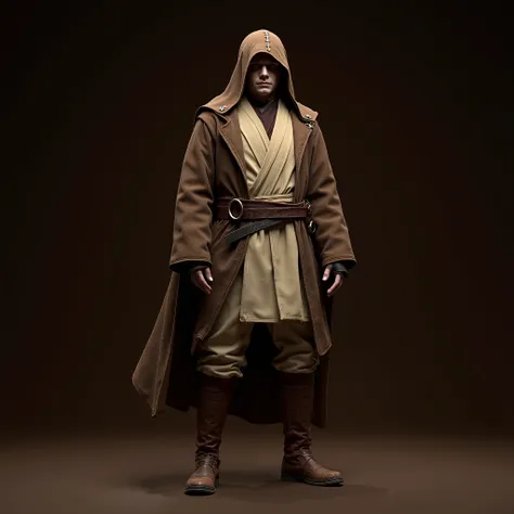  Recreates the character  "Cholar agent" from star wars. ((realista 4k)) What do you wear Jedi robes.  That he wears pants. What a look at brown boots. That it is standing. With dark brown background.