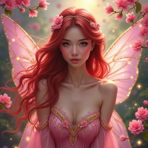 shiny oil paint, oil painting style, realistic oil painting Midjourney Art 
a beautiful fairy woman with looking down
in a flowery forest with pink flowers
hair with an updo, messy bun and flowing hair with
golden sparkles falling in her red luminous hair
...