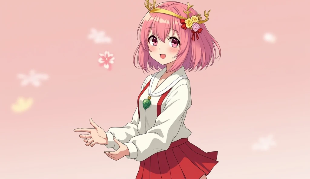 18 year old beautiful girl, masterpiece, best quality, 8K animation, detailed fingers, precise fingers, not unnatural hands, illustration, 1 girl, solo, pink bob cut, gold crown, flower hair ornament, sagging eyes, red mini skirt, YUI ok