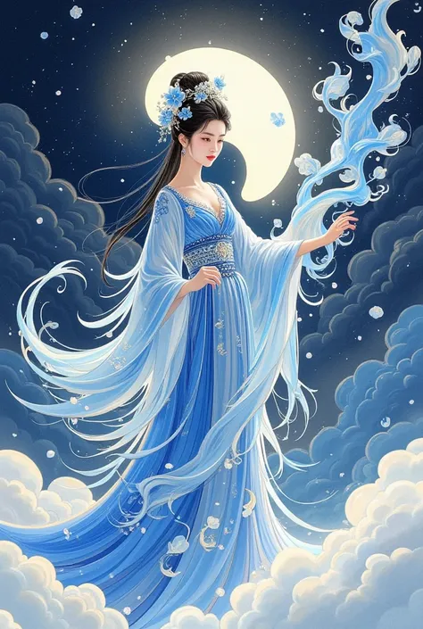  beautiful illustration of the Water Goddess、 full body portrait 、blue and white porcelain dress、 fantasy elements from Chinese period movies、Images of beautiful famous actresses 、 Chinese ink painting style and cloud pattern background 、 masterpiece、Ink p...