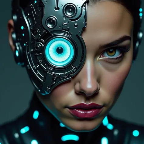 A young Caucasian woman, positioned slightly off-center in the frame, is the main subject. She is depicted with a cybernetic eye implant in place of one of her natural eyes. The eye implant is a glowing turquoise-blue circular lens set within intricate gra...