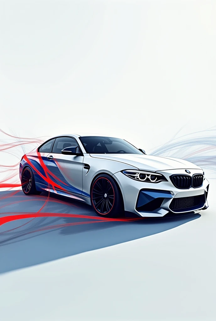 BMW white m2 car * futuristic style*: Geometric lines and aerodynamic curves in red, blue and light blue of the BMW logo that are intertwined in the car.