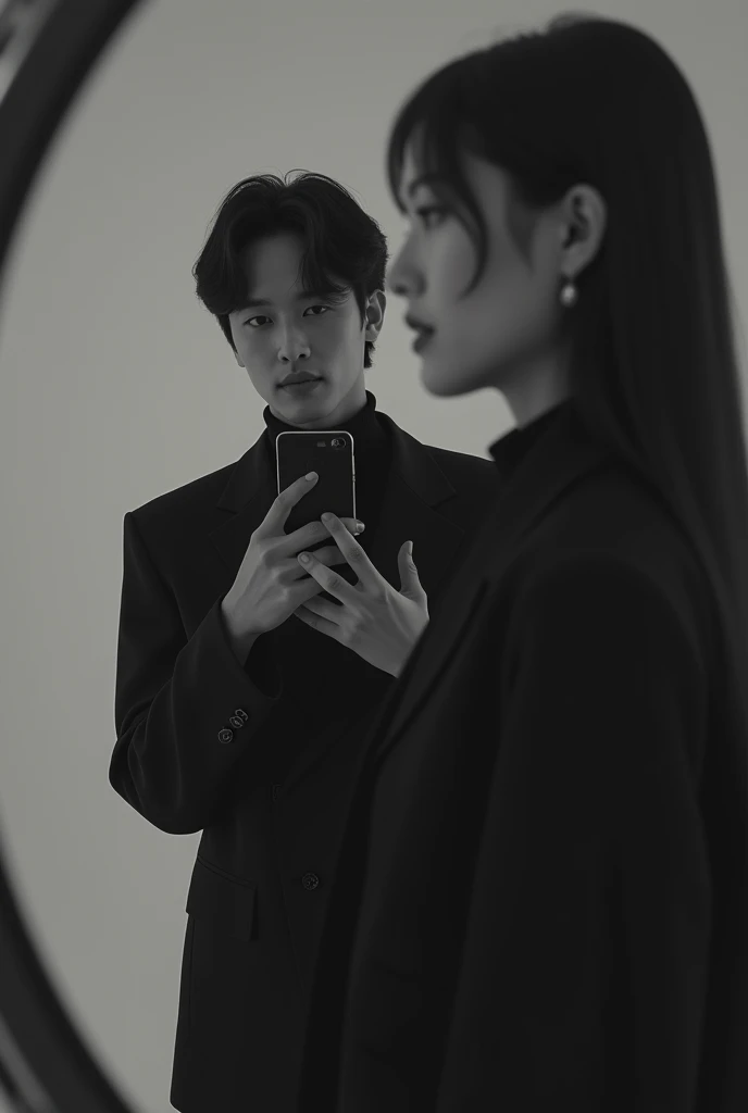 there is a man and a woman taking a selfie in a mirror, an album cover inspired by Zhu Da, instagram, surrealism, taken in the early 2020s, profile pic, grainy black and white footage, profile image, still from a music video, smooth in _ the background, ✨🕌...