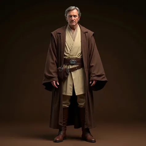  Recreates the character  "WHAT AN ORDINARY BEAT" from star wars. ((realista 4k)) What do you wear Jedi robes. Que vista pants. What a look at brown boots. That it is standing. With dark brown background.