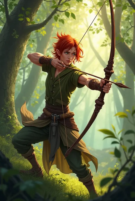 elf man, red hair, shooting bow and arrow