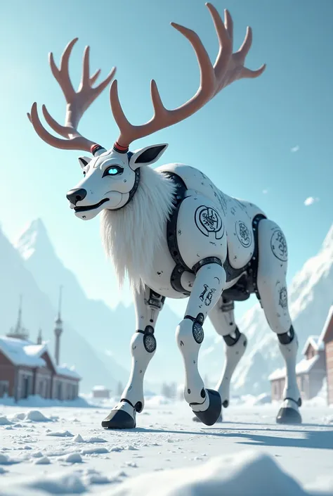 make a photo of gigantic (((cartoony))) white robotic brown rein deer creature that is the size of an asteroid with big antlers, (((has black ancient patterns on its body))), and with glowing blue angry eyes walking down the frozen land in broad daylight. ...