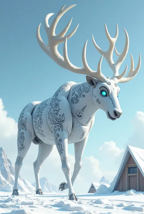 make a photo of gigantic (((cartoony))) white robotic brown rein deer creature that is the size of an asteroid with big antlers, (((has black ancient patterns on its body))), and with glowing blue angry eyes walking down the frozen land in broad daylight. ...