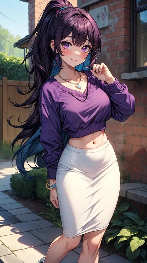 ((masterpiece, best quality:1.3, high detail)), beautiful woman, smile, long wavy hair, (dark purple hair, ponytail), hairpin, bright purple eyes, light blush, ((white sweatshirt)), (long blue pencil ((skirt)), midriff, navel, necklace, bracelets, collarbo...