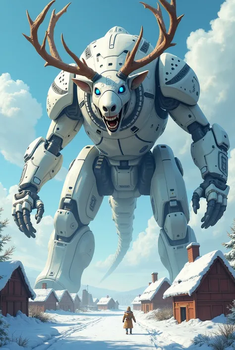 make a photo of gigantic (((cartoony))) white robotic brown rein deer creature that is the size of an asteroid with big antlers, (((has black ancient patterns on its body))), and with glowing blue angry eyes attacking buildings in the frozen land in broad ...