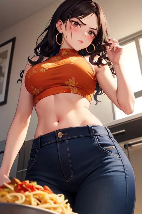 super fine illustration, vibrant colors, masterpiece, sharp focus, best quality, depth of field, cinematic lighting, ultra detailed, halterneck, crop top, dudou, high neck, floral pattern, orange shirt, sleeveless, dark brown business skirt, navel, tummy, ...