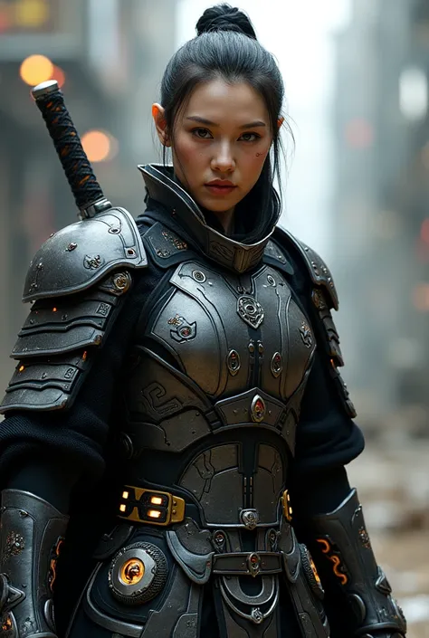 Futuristic Chinese medieval armor with a katana, fiery and weary look yet sexy and captivating, show face, 