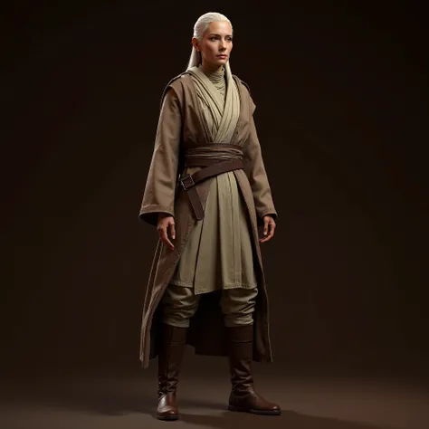 Recreate a "Barriss Offee " from star wars. ((realista 4k)) What do you wear Jedi robes.  That he wears pants. What a look at brown boots. That it is standing. With dark brown background.