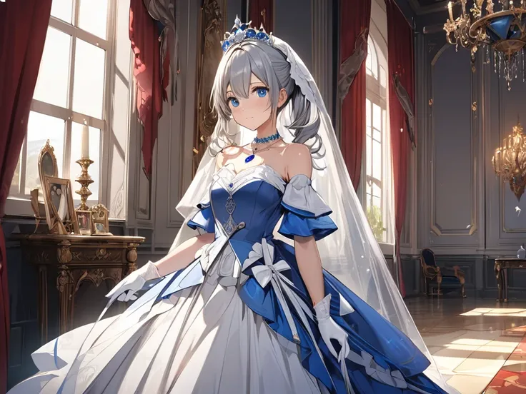 ( Details beautiful eyes and  Details face, Masterpiece side light, Masterpiece,  best quality,  Details,  high resolution illustration ), shiny skin、１The girl who is extremely beautiful in human beings「Sarah Auverge Crail」 western blue silver hair white v...