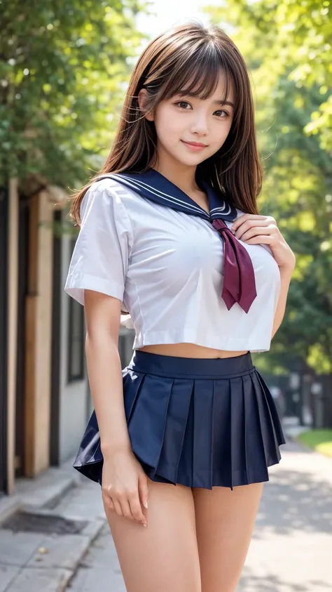  masterpiece ,  best quality,  very detailed,  kampala ,(  is present ,photo   is present :1.37),( cowboy shot:1.2),( thighs:1.4),  excellent anatomy,  Beautiful Japanese Woman ,   Serious High School Girl  ,   But the Skirt Is So Short  ,(middle),(Well-ba...