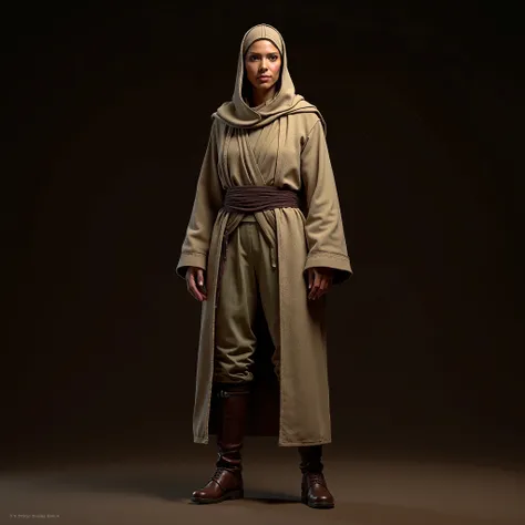 Recreate a "Barriss Offee " from star wars. ((realista 4k)) What do you wear Jedi robes. Que vista pants. What a look at brown boots. That it is standing. With dark brown background.