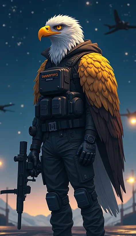  A humanized anime-style eagle as an aerial surveillance specialist , with gold feathers that stand out from his SWAT uniform and futuristic tactical goggles.  He carries a drone in his hand and has a sharp and confident look . bottom: a heliport illuminat...