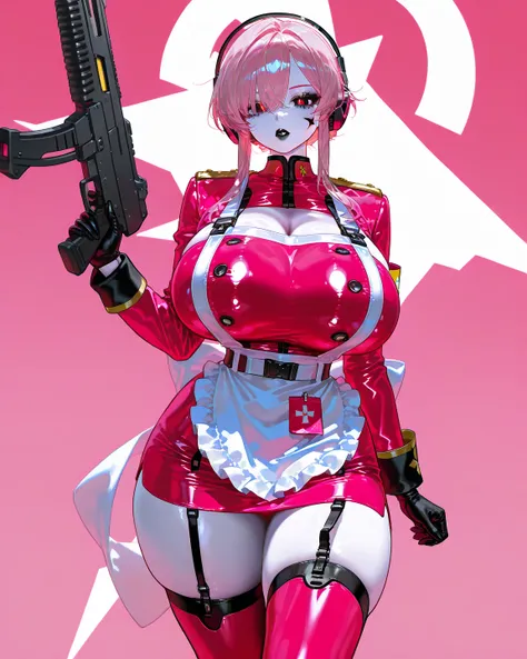       8k wallpaper、masterpiece、 best quality  、 high detail、          very aesthetic with apron,           absurd,  up to date,             、  Neon Pink Hair 、 styling with voluminous waves .  blue-white skin、 intricate metal and circuitry design on the fa...