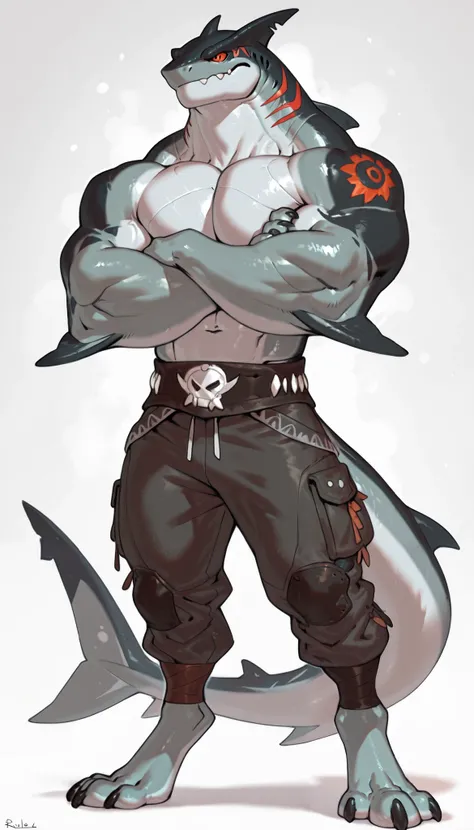 sharkman, anthro megalodon, darker hands and fins, black back, solo, big arms, bara, detailed skin, lizard shark hybrid, anthro, closed mouth, tribal polynesian tattoos, detailed shark skin, scalie arms, fins on arms, gray color body, beefy, thick scales o...
