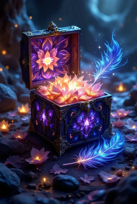 The gift of the gods box with beautiful petal patterns , bright colors shimmer , Lots of Details , near the box lies a beautiful small phoenix feather with beautiful light and a pattern on it, masterpiece, 8 k, Best quality , complicated details, p...