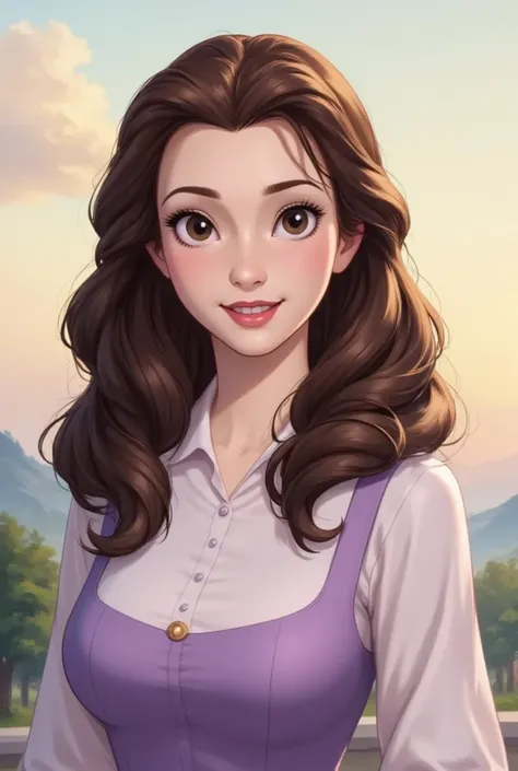  A digital illustration of a young woman with long hair ,  dark and wavy ,  with a detailed and artistic style .  Her face has soft features ,  big and expressive eyes ,  with slightly flushed cheeks that give her a warm and human look .  She wears a tradi...