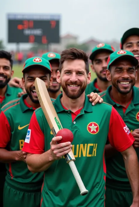 Post-match celebration: Messi holding a cricket ball and bat, posing with the Bangladesh cricket team for a group photo. The players are smiling, and the background shows the scoreboard with a playful message, “Messi: Master of All Games!”