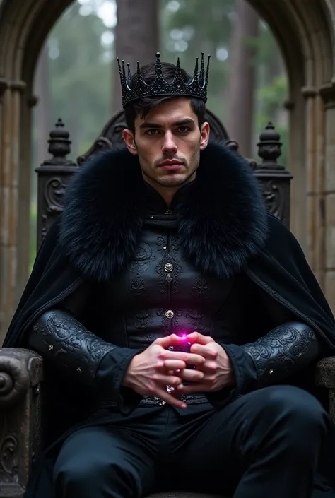  Rhysand de Acotar like a Handsome man fae ,  25 years, ojos rosados,  short black hair,  muscular ,  black king costume from fae , seated on a stone throne , The castle,  villainous features , wearing a headband with stars,  made of a black metal in the s...