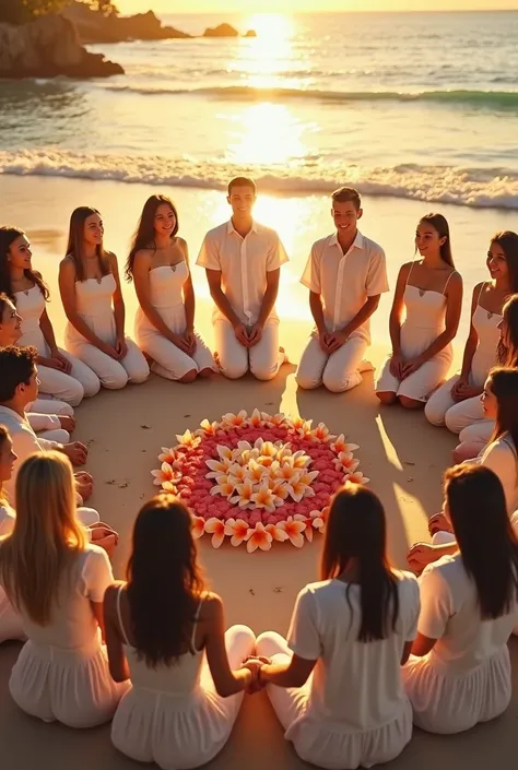 Create an image where there is a circle of 50 people, ren, youths,  required with white , in a circle with plumeria flowers in the middle and compalera, in a sunset environment on the beachHigh resolution, Shine, 