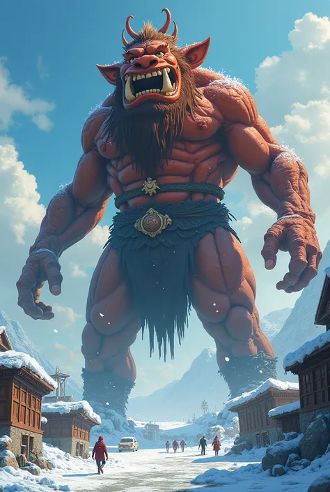 make a photo of gigantic (((cartoony))) brown Arahabaki statue that is the size of an asteroid attacking buildings in the frozen land in broad daylight. the image shows the buildings and people to appear small and it is at a wide shot angle