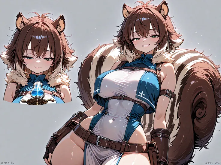 Best quality, Super detailed illustration, (fluffy squirrel boy:1.4), solo, male, feminine face and body, disheveled thick hair, adventurer equipment, smug smile, half-closed eyes, femboy, wide hips, thicc, hourglass figure, (F.M PDXL)