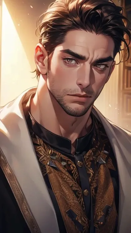 (   best quality,4K,8k,   highres,   masterpiece :1.2),   ultra-detailed   ,(realistic,photorealistic,photo-realistic:1.37),36-year-old man,3 day beard,Beautiful anime,Portraits,strong,Masculine,   with dark hair  ,sharp jaw,  mesmerizing golden eyes  ,   ...