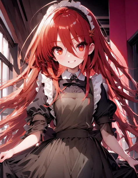 shana , long hair, Red Hair, red eyes, stupid hair,smile,blush, open their mouths,Maid服,rib tights , black pantyhose , pin heels,black色ロングスカート,Maid head dress , Maid apron, Maid Dress,Maid, Maid outfit,black_ dress , hair shaking in the wind , long skir...
