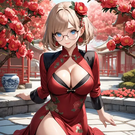 Masterpiece, Ultra-realism, (1 woman, cowboy shot, beautiful shiny short bob hair, camellia hair accessory, twill earrings, round glasses, beautiful narrow blue eyes, beautifully detailed facial expression: 1.3, large breasts, cleavage, one-piece dress arr...