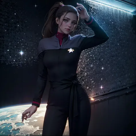 Beautiful woman with brown hair , her hair in a ponytail, She is wearing  star trek deep space nine uniform,  she has bright brown eyes, smile tease look, Girl standing on a command bridge of a space station, posing, portrait, close up, waist up, superior ...