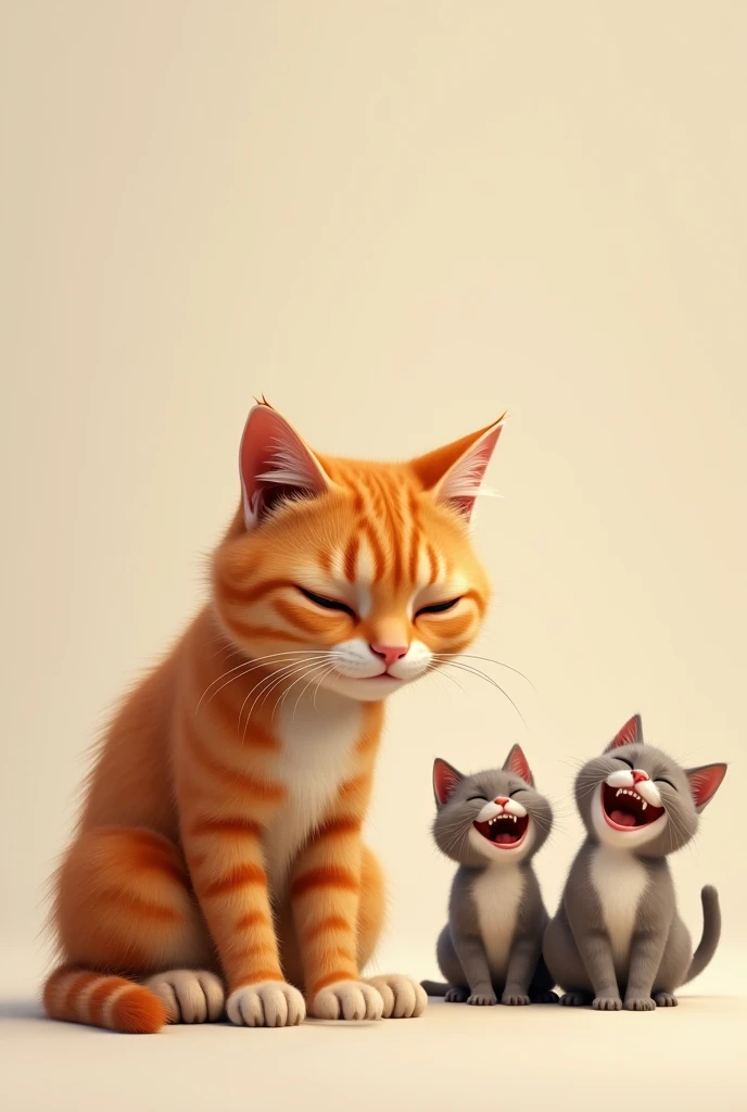 One orange color sad cat and two cats laughing