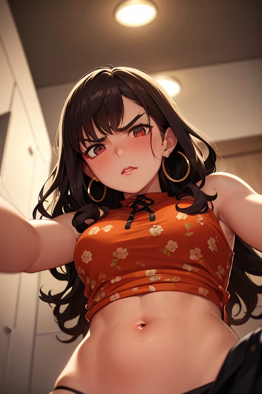 super fine illustration, vibrant colors, masterpiece, sharp focus, best quality, depth of field, cinematic lighting, ultra detailed, halterneck, crop top, dudou, high neck, floral pattern, orange shirt, sleeveless, dark brown business skirt, navel, tummy, ...