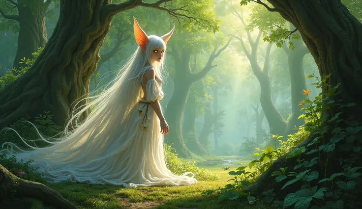 A forest has many trees and a white hair, yellow eye elf. 